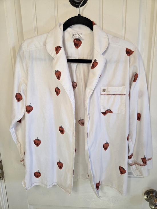 Gelato Pique Tops - White Strawberry Print Button Down Collared Shirt With Front Pocket Charm